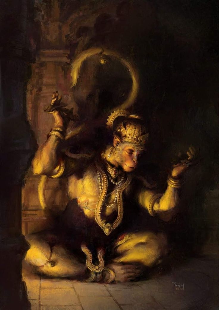 a painting of a monkey sitting on the ground with his hands up in front of him