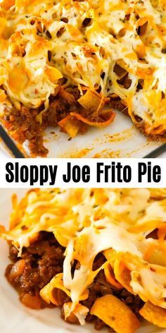 two pictures of sloppy joe frito pie, one has been cut in half and the other is missing