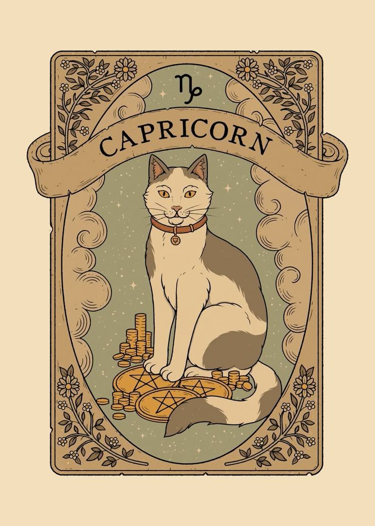 a white cat sitting on top of a pile of gold coins in front of a banner that says capricorn