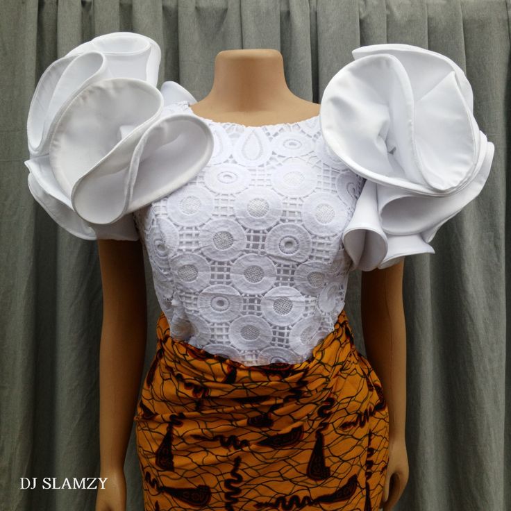 White madam blouse with exaggerated flounce sleeve Flounce Sleeve Blouse, White Lace Skirt And Blouse Styles, Madam Blouse Styles, Madam Blouse Lace For Wrapper, Lace Skirt And Blouse Styles, Madam Blouse, Igbo Blouse, Lace Blouse Styles, Lace Skirt And Blouse