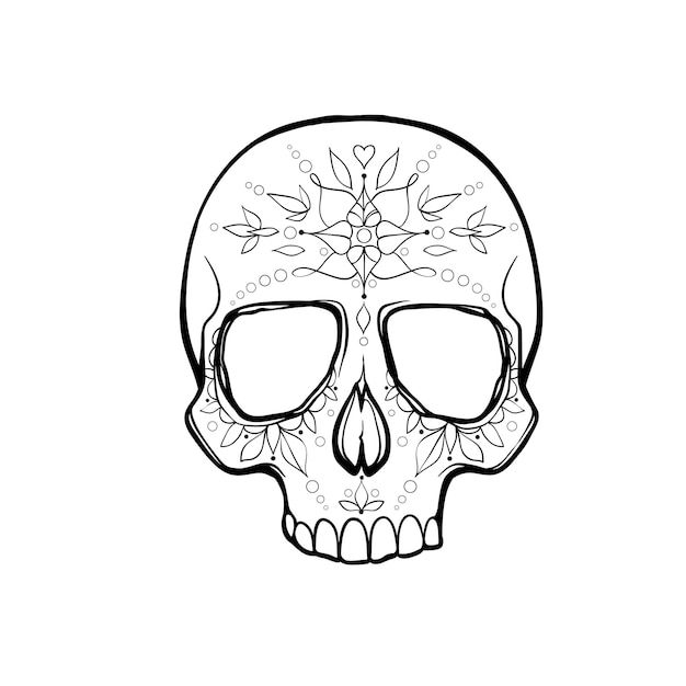 a black and white drawing of a skull