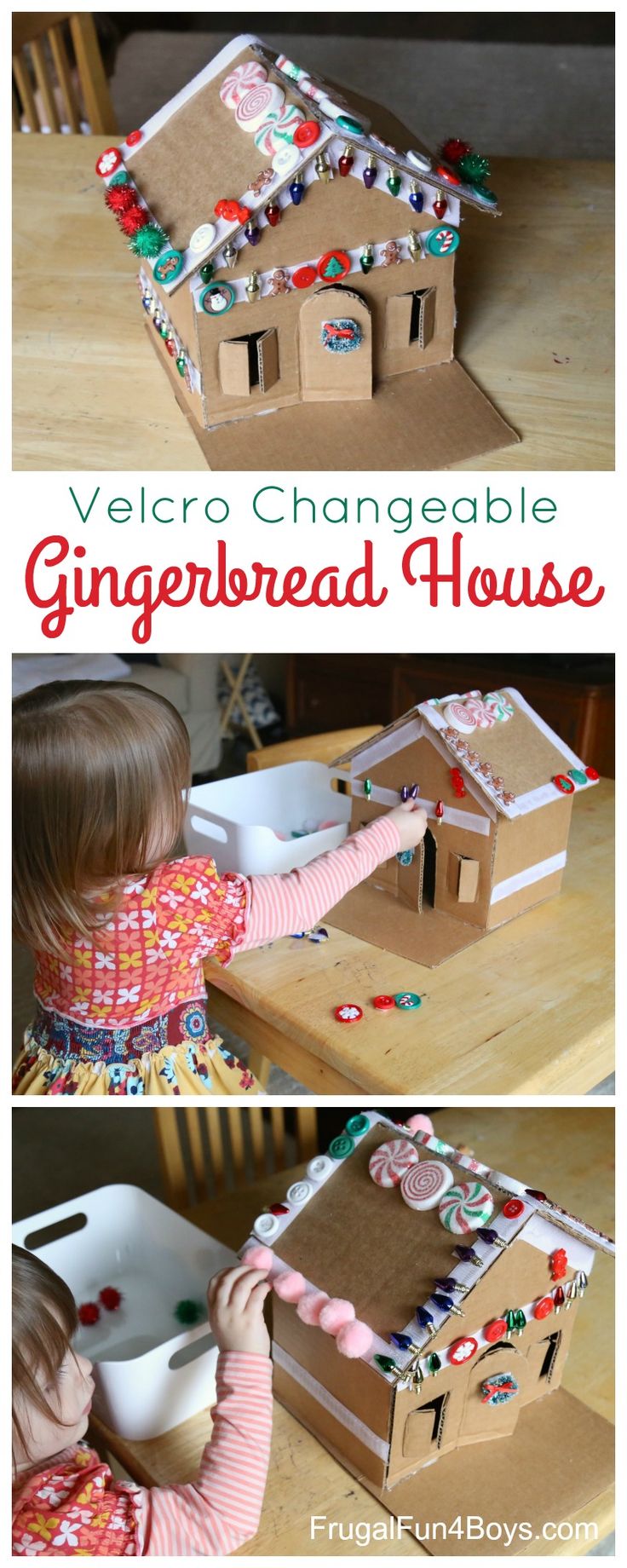 a child playing with a cardboard gingerbread house