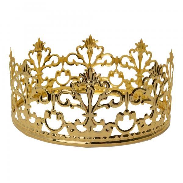 Make any occasion a royal one to remember with this metal crown. Whether it's to anoint a king for a day, to mark the sweet sixteen of a princess, to give the family a fantastical Christmas dinner, or just to dress up, anyone who wears this headgear will feel on top of the world. When it's this fun, you can let it get to your head. Size: 5½" x 5½" x 2½" Regal Gold Crown For Wedding, Regal Gold Wedding Crown, Gold Regal Headpiece With Tall Crown, Elegant High Crown Gold Crown, Gold Crown For Gift With Structured Shape, Gold Crown Gift With Structured Shape, Gold Structured Crown For Gift, Gold Round Crown Headpiece For Gift, Gold Round Crown Headpiece As Gift