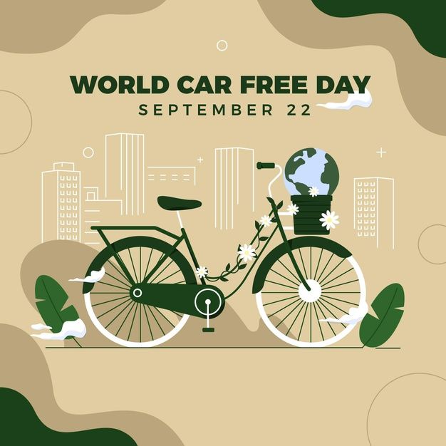 a poster for the world car free day, featuring a bicycle with a globe on it