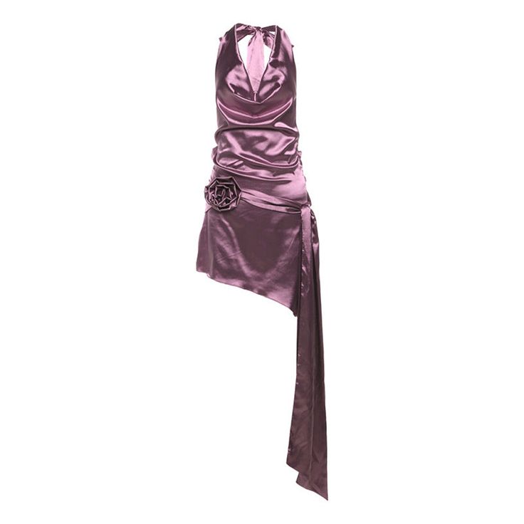 Indulge in elegance with our French-Inspired Satin Dress, a sophisticated piece that exudes luxury and allure. Crafted from polyester and spandex, this dress features a snug, bodycon fit that accentuates your curves. The halter tie-up design and sexy deep V-neck backless detail add a touch of sensuality, while the pleated ensemble and irregular hem offer a unique flair. Complete with waist floral embellishment and satin ribbon decor, this dress is perfect for commuting, daily wear, holiday festi Collar Neck Dress, Socialite Style, Purple Satin, Spring Women, Satin Mini Dress, Halterneck Dress, High End Fashion, Club Dresses, Types Of Skirts