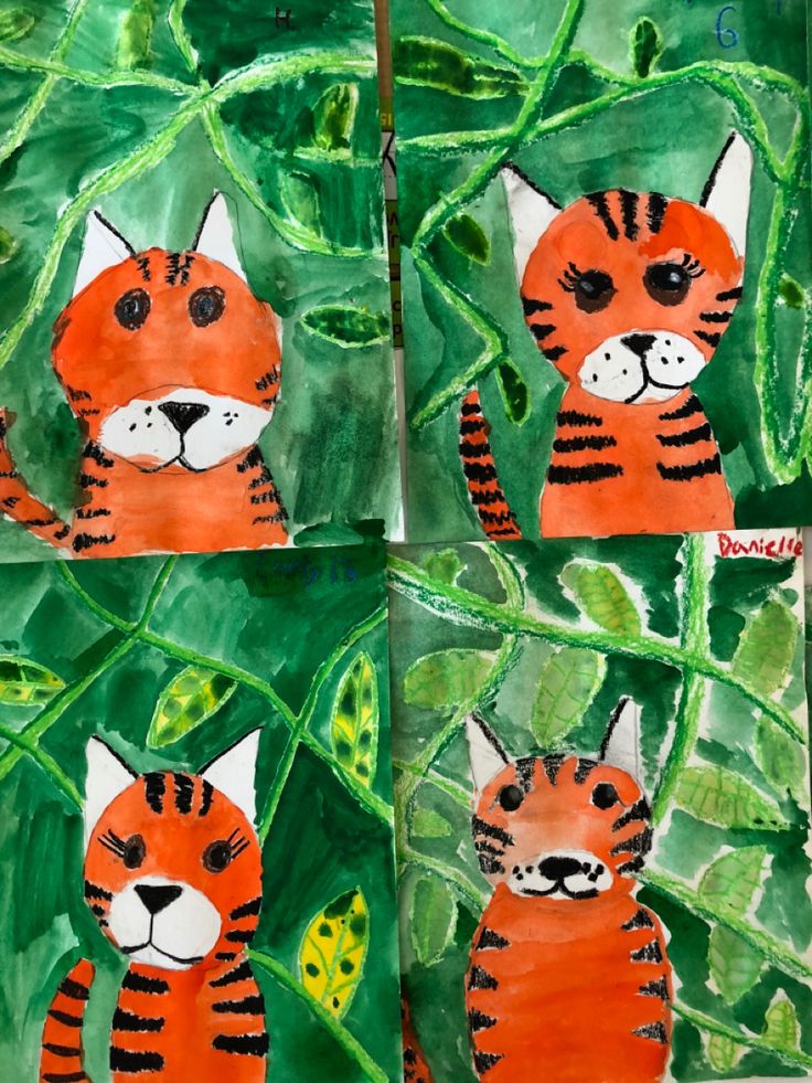 four pictures of orange and black cats on green paper with plants in the back ground