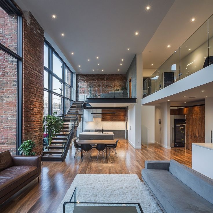 a living room filled with lots of furniture and tall windows next to a stair case