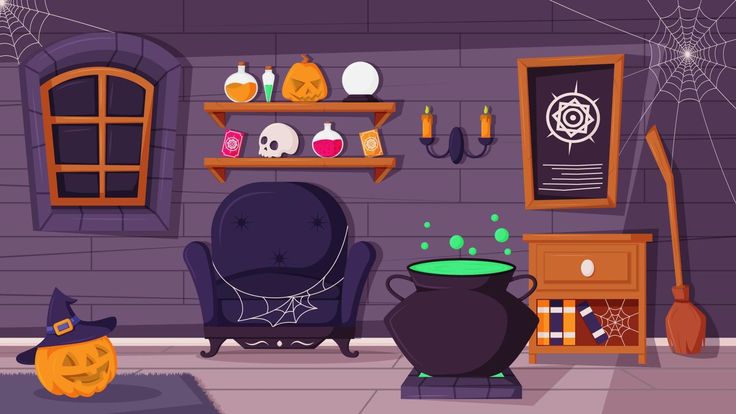 a room decorated for halloween with pumpkins and witches