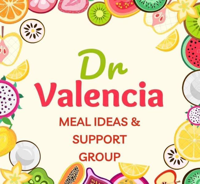 the words dr valencaa meal ideas and support group are surrounded by various fruits