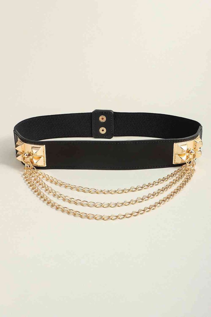 Transform your outfit with our Elastic Belt with Chain! The elastic material ensures a perfect fit while the chain adds a touch of edgy glam. You'll love the versatility and stylish details this belt brings to any look. Upgrade your wardrobe now! Material: PU, alloy Imported Product measurements: Length: 25.6+13.8 in Width: 1.6 in Stylish Belts, Belt With Chain, Tennis Shoe Heels, Edgy Glam, Chic Chic, Halloween Long Sleeve, Beauty Supplements, Blue Zones, Fashion Statements