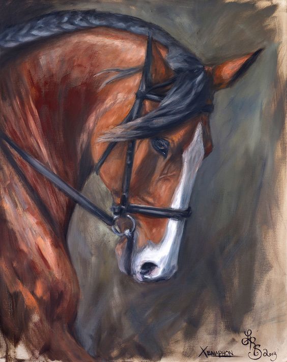 an oil painting of a horse's head and bridle