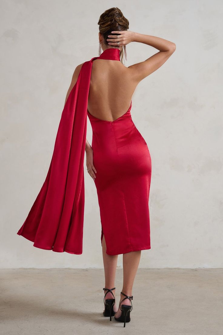 Madame Berry Red Satin Asymmetric Scarf Neck Backless Midi Dress – Club L London - USA Old Money Chic, Elegant Cape, Cape Scarf, Dinner Dresses, Black Tie Events, Long Cape, Backless Midi Dress, Velvet Prom Dress, Club L London