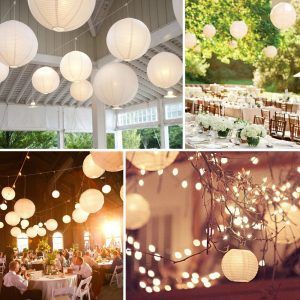 four different pictures with white paper lanterns hanging from the ceiling and tables set up for dinner