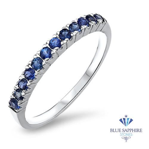 Pretty, dainty and perfectly stackable with other rings Classic half eternity design with a pop of color Ring can also double as a wedding band to match any of our sapphire rings This half eternity blue sapphire ring is the perfect wedding band to match our blue sapphire rings. It can be worn alone, with your engagement ring or stacked with other rings. If you're a fan of variety, check out our other stackable designs. They can be mixed and matched to create a new look every day! This piece feat Blue Sapphire Half Eternity Ring In Cubic Zirconia, Blue Sapphire Stackable Diamond Ring, Stackable White Gold Sapphire Diamond Ring, White Gold Diamond Sapphire Stackable Ring, Sapphire Cubic Zirconia Half Eternity Jewelry, Sapphire Color Cubic Zirconia Half Eternity Jewelry, Sapphire Half Eternity Jewelry With Cubic Zirconia, Sapphire Colored Cubic Zirconia Half Eternity Jewelry, Cubic Zirconia Sapphire Half-eternity Jewelry