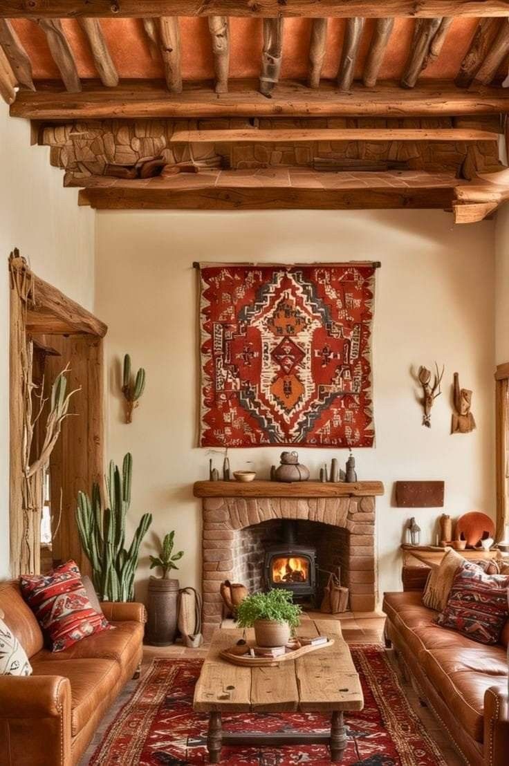 a living room with couches, rugs and a fire place in the center