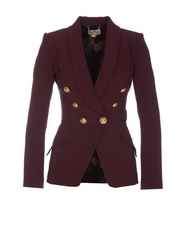 Elisabetta Franchi red blazer, buttons closure, embroidered logo, V-neck, reverso detail, long sleevesComposition: 96% Polyester, 4% Elastane Red Blazer, Feminine Aesthetic, Long Sleeve Blazers, Breasted Blazer, Double Breasted Blazer, Blazer Buttons, Red Jacket, Blazers For Women, Outerwear Women