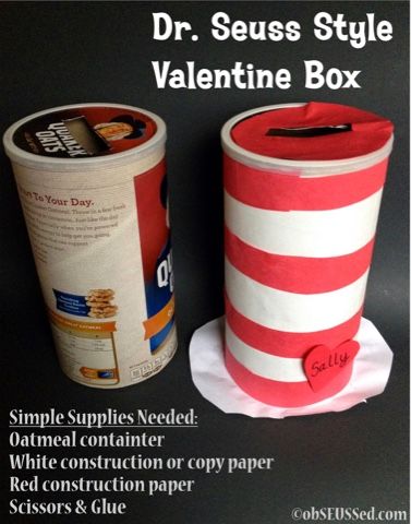 two red and white striped paper cups with the words dr seuss style valentine box