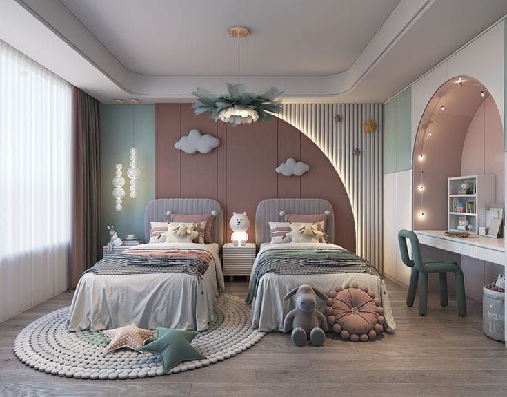 two beds in a room with pink walls and white carpeted flooring next to each other