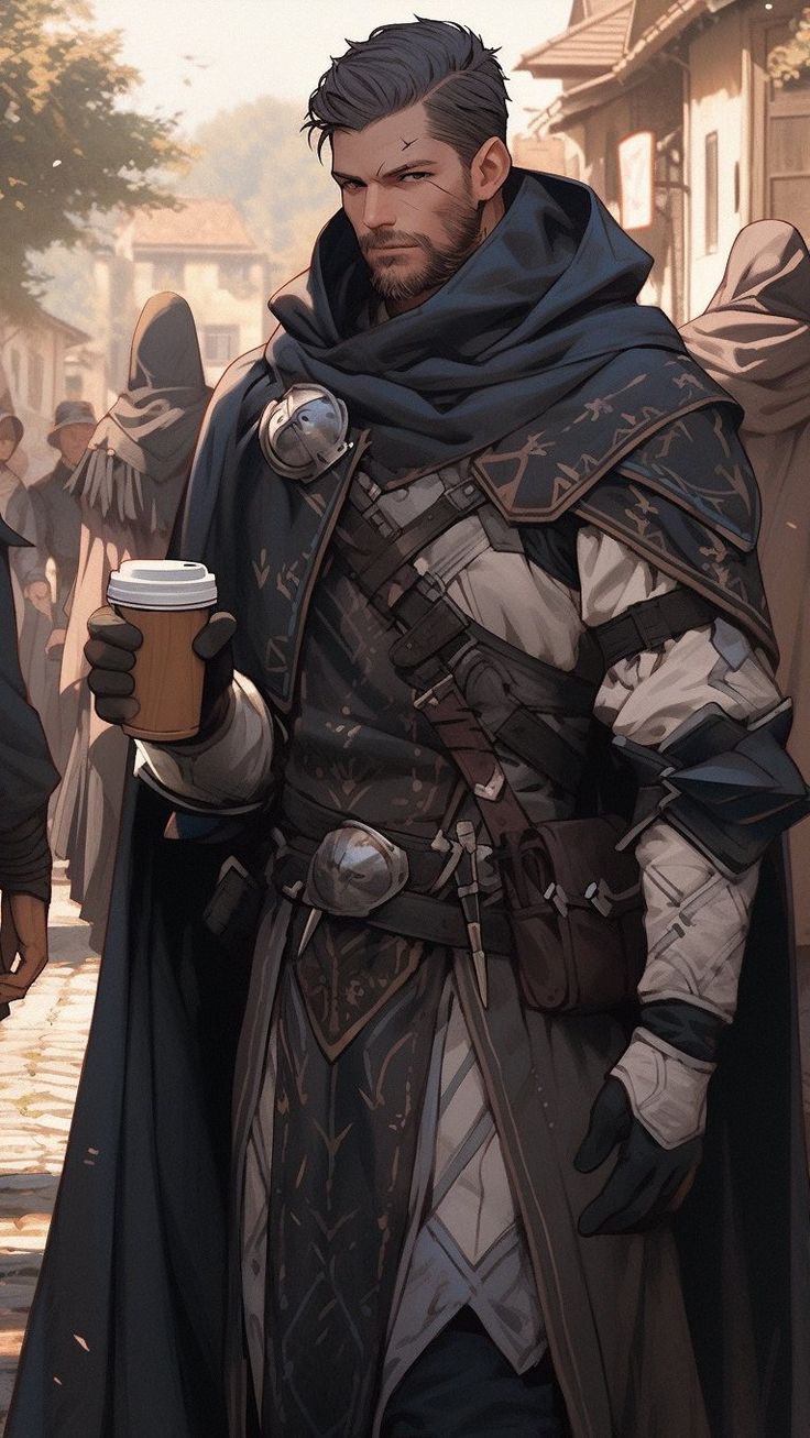 a man dressed in medieval clothing holding a cup of coffee