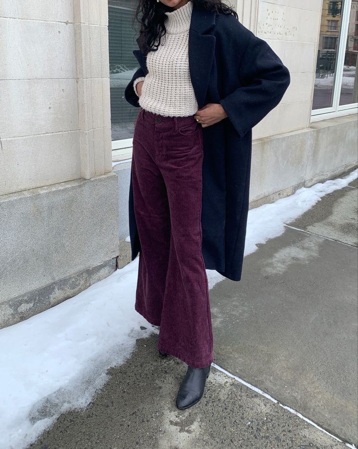 Purple Cords Outfit, Purple Wide Leg Jeans Outfit, Styling Brown Corduroy Pants, Burgundy Velvet Pants Outfit, Red Pants Winter Outfit, Big Trousers Outfit, Maroon Corduroy Pants Outfit, How To Style Brown Corduroy Pants, Purple Corduroy Pants Outfit