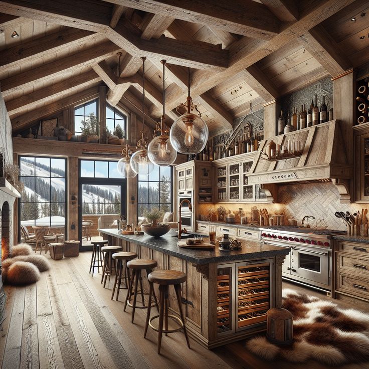 Immerse yourself in a rustic cabin kitchen with high wooden beams, a fireplace, reclaimed cabinets, and sleek granite countertops. Enjoy the elegance of vintage brass fittings, a copper sink, and a breakfast bar island. #CabinLife #RusticKitchen #GraniteCountertops #CopperSink #VintageKitchen #ReclaimedWood Ski Cabin Kitchen, Reclaimed Cabinets, Chalet Kitchen Ideas, Ski Chalet Kitchen, Luxury Ski Chalet Interiors, Lodge Style House Plans, Breakfast Bar Island, Ski Chalet Interior, Rustic Cabin Kitchen