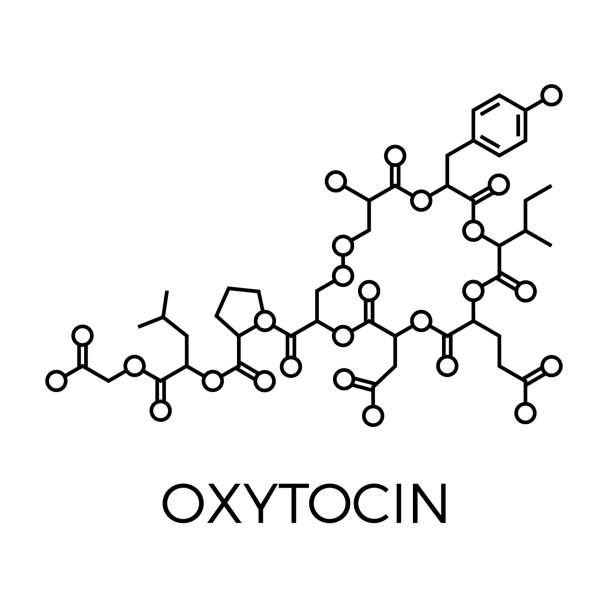 the chemical structure of oxyocin is shown in black and white, with an outline of