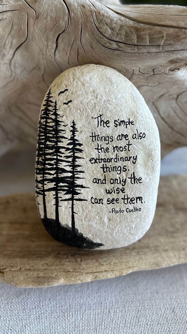 a rock with a quote on it sitting on top of a piece of driftwood