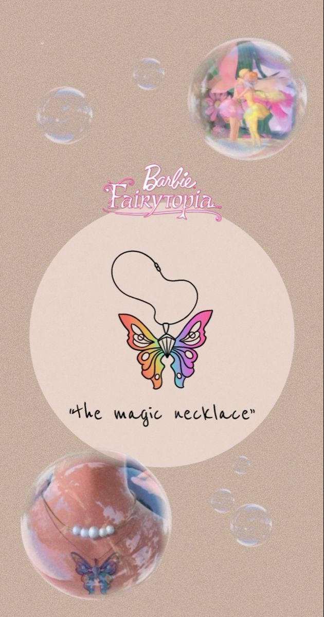 the magic necklace is being held up in front of bubbles with an image of a butterfly on it