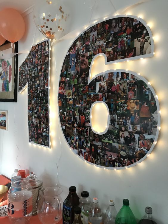 the number six is decorated with photos and balloons