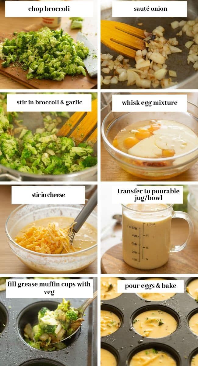 the steps to make broccoli cheese soup in muffin tins are shown