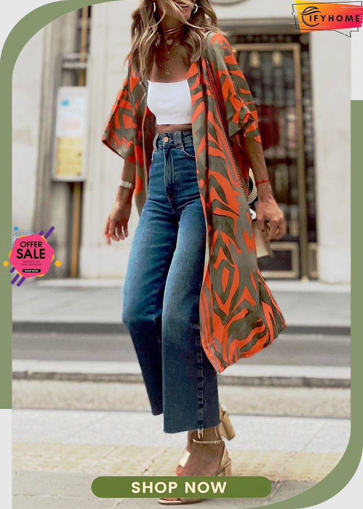 Multicolor Abstract Print Half Sleeves Kimono Stile Casual Chic, Look Boho Chic, Mode Kimono, Patchwork Cardigan, Mode Boho, Mode Inspo, Look Fashion, Trend Setter, Cardigans For Women