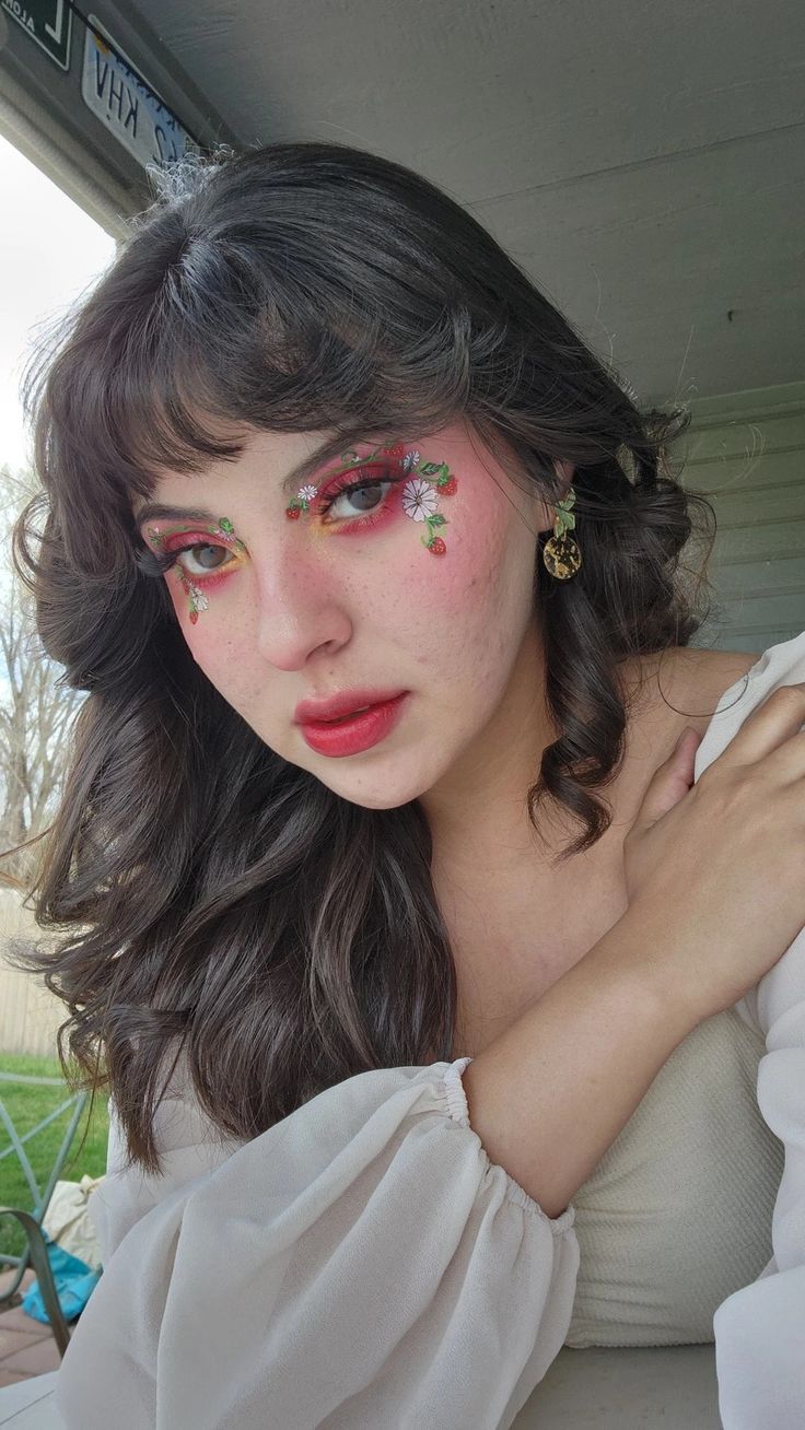 Strawberry Fairy Makeup, Strawberry Makeup Halloween, Fruit Eye Makeup, Strawberry Shortcake Costume Makeup, Straw Berry Makeup, Strawberry Themed Makeup, Strawberry Make Up Look, Strawberry Makeup Look Aesthetic, Strawberry Girl Makeup