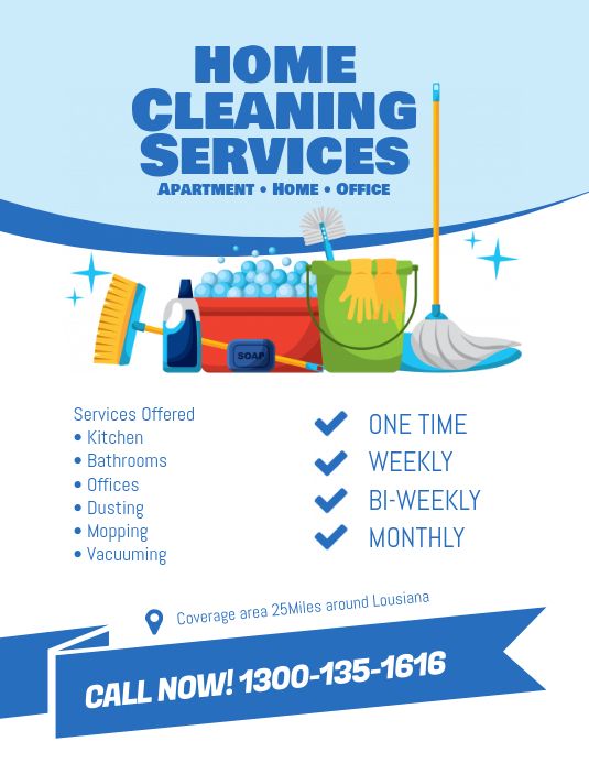 a flyer for cleaning services with the words home cleaning services written in blue and white