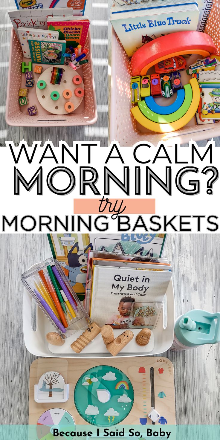 toddler morning baskets Toddler Morning Basket, Routine For Toddlers, Morning Baskets, Uppfostra Barn, No Tv, Morning Basket, Homeschool Preschool Activities, Easy Toddler Activities, Baby Play Activities