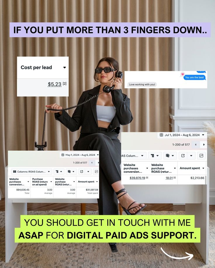 a woman sitting on top of a white table talking on a cell phone and texting, if you put more than 3 fingers down, you should get in touch me asap for digital paid ads support