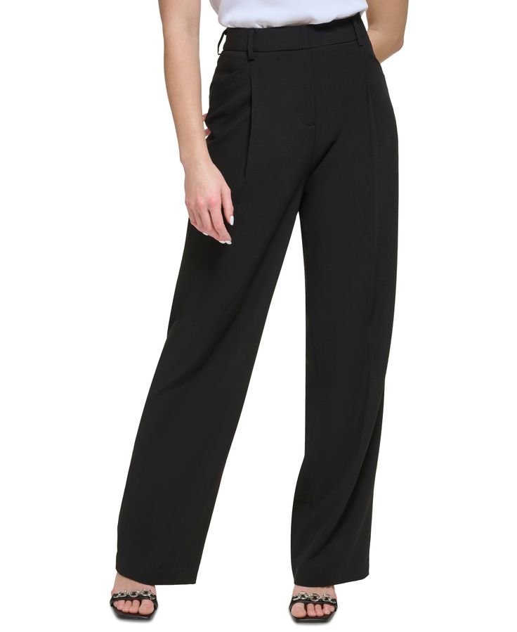 A pleated front lends stylish structure to these women's pants from Calvin Klein, a chic transition piece for the office and beyond. Approx. inseam: 32" Approx. 11-1/4"; wide-leg Zipper with hook-and-bar closure at front Slant pockets at hips Rayon, polyester, spandex Dry clean Imported High Waist Wide Leg Pants, Waist Measurement, Calvin Klein Woman, Matching Family Outfits, Family Outfits, Pocket Pants, Sleeves (women), Coats Jackets Women, Women's Pants