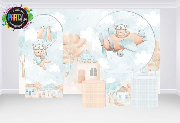 there is a wall mural with teddy bears flying in the sky and clouds on it