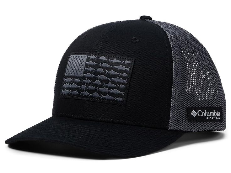 a black and gray hat with an american flag on it