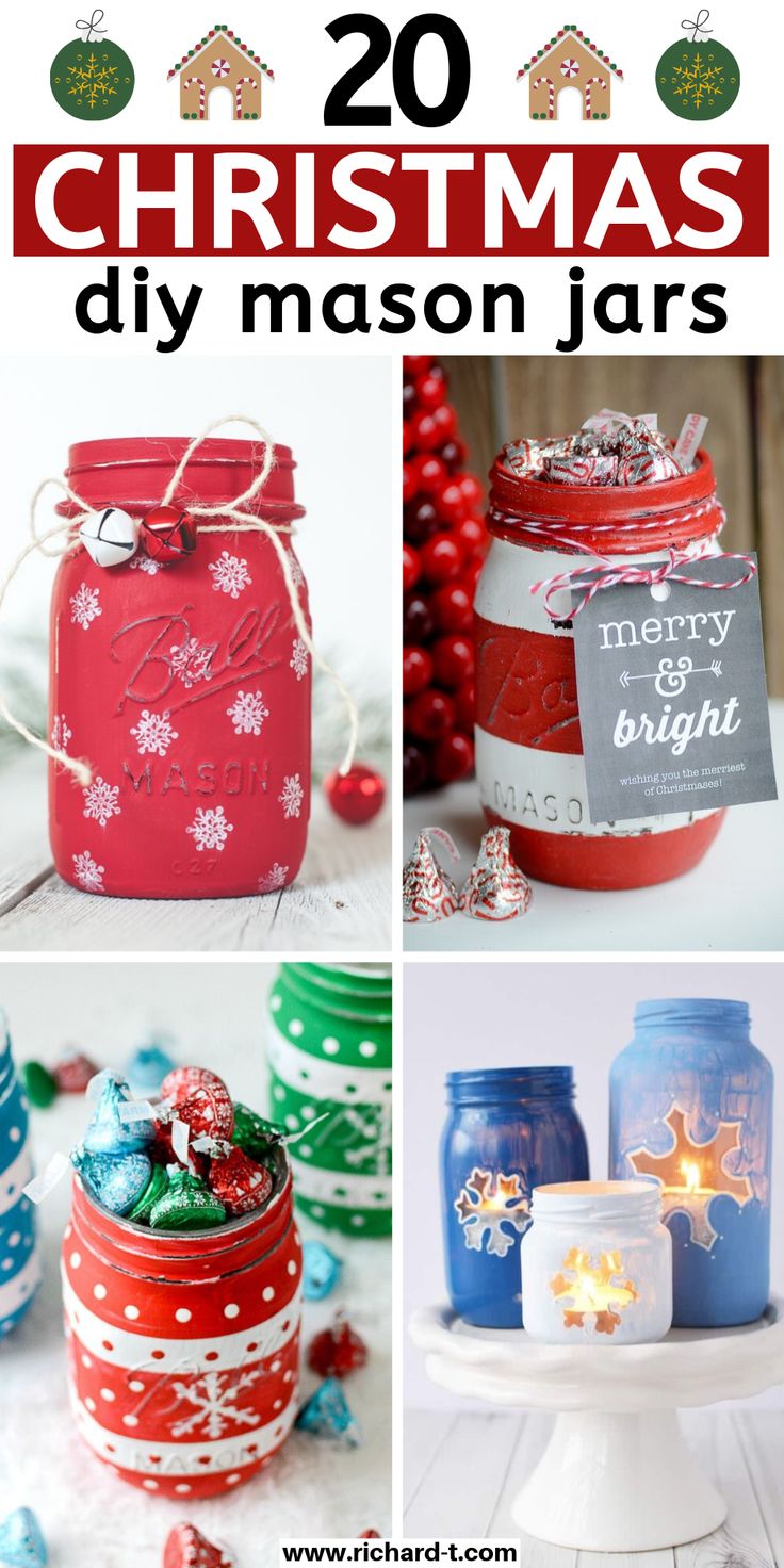 mason jar crafts for christmas with text overlay that reads 20 christmas mason jar crafts