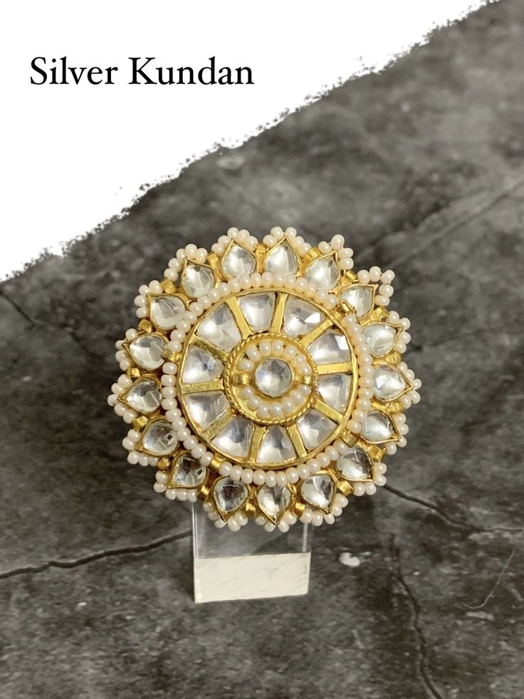 Adjustable pachi Kundan finger ring. Gold plated and foil work. 1.75 inch in diameter. White color seed bead work all round. Kundan Ring, Finger Ring, Ring Finger, Ring Gold, Seed Bead, Handmade Ring, White Color, Bead Work, Seed Beads