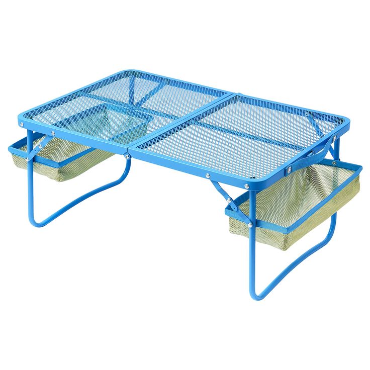 a blue coffee table with two trays underneath it