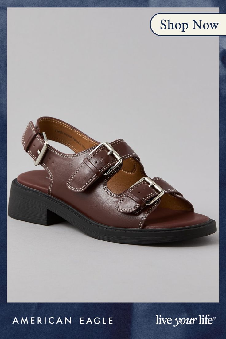 Vegan leather upper/Two adjustable straps with buckle closure/Slingback silhouette with ankle strap Slingback Sandal, Ankle Strap, Vegan Leather, American Eagle Outfitters, Women's Jeans, Flip Flops, American Eagle, Leather Upper, Adjustable Straps