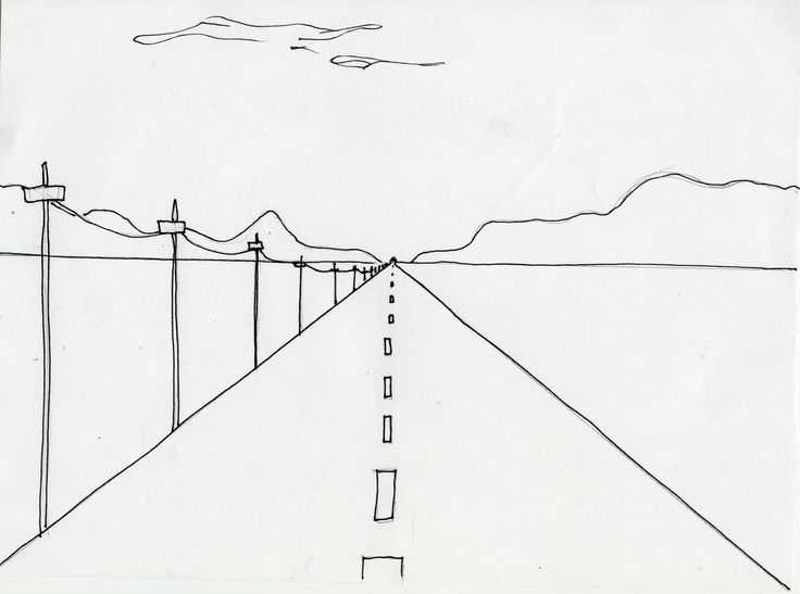 a drawing of an empty road with power lines on the side and mountains in the distance