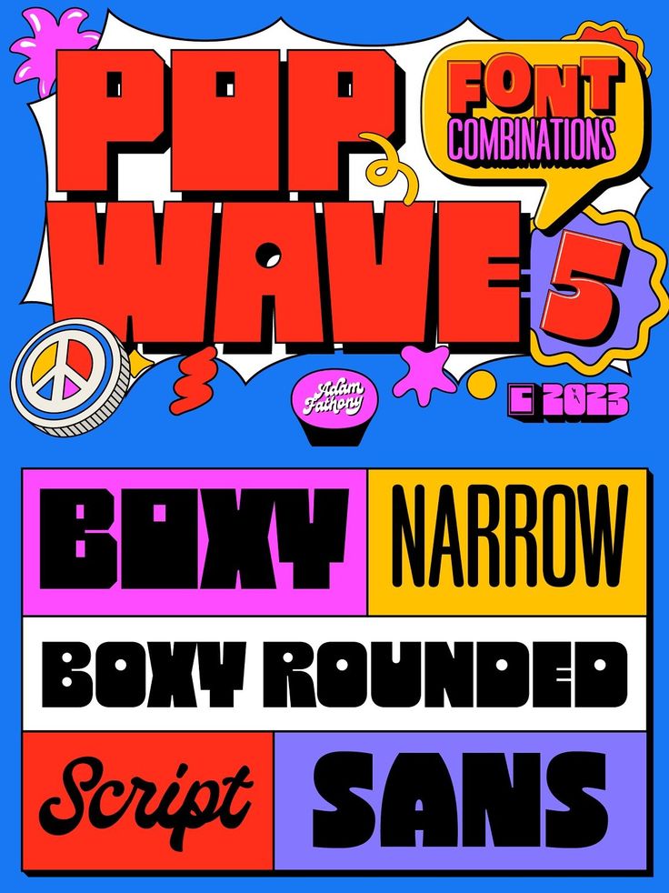 the poster for pop wave 5 shows various font and colors, including one with an image of