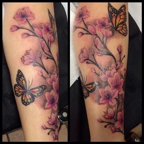 two pictures of flowers and butterflies on the arm, one is in full blooming