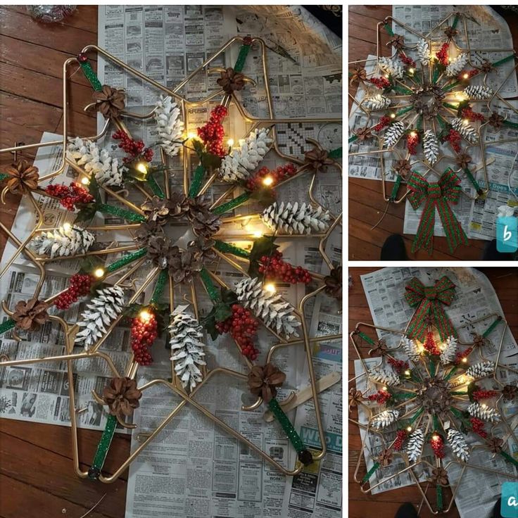 two pictures of christmas decorations made from newspaper strips and pine cones, with lights on them