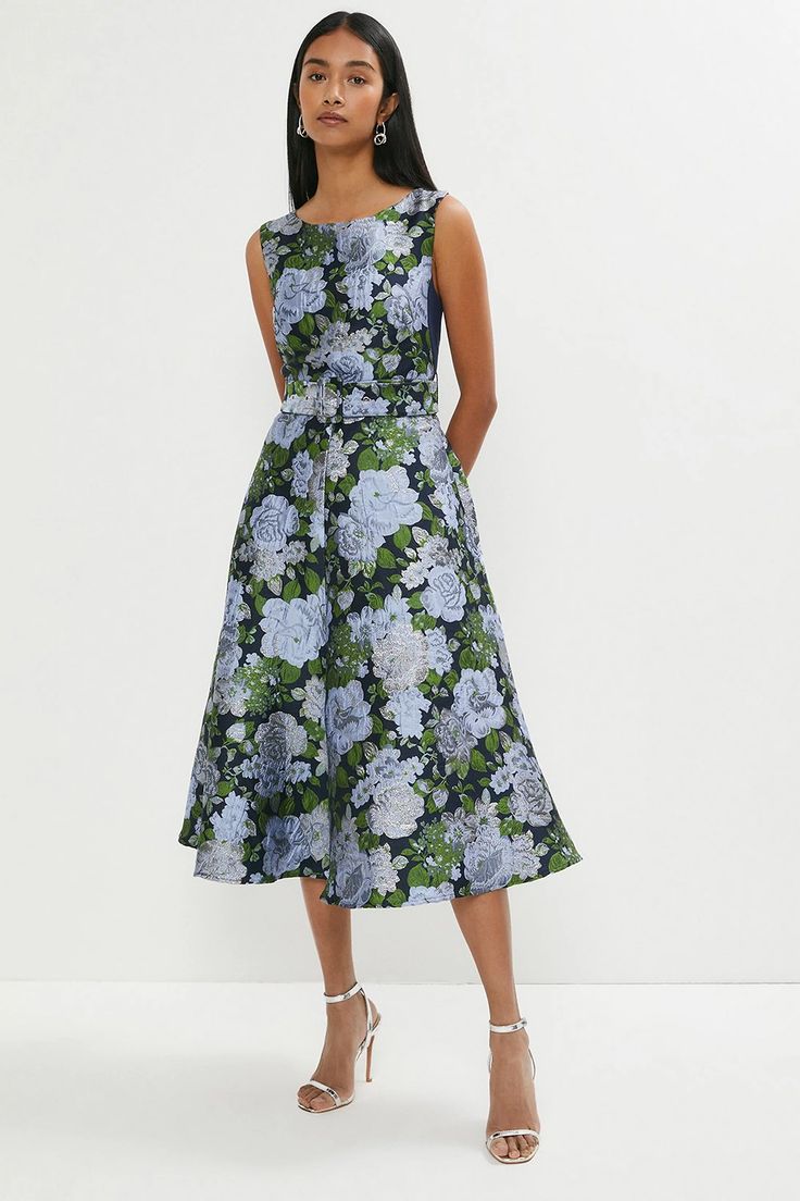 Midi Dress With Ponte Sides In Jacquard | Coast Blue Midi Skirt Outfit, Knee Length Evening Dress, Blue Midi Skirt, Midi Skirt Outfit, Wedding 2025, Evening Dress Fashion, Blue Style, Half Price, Casual Chic Style