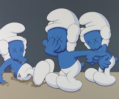 two blue and white cartoon characters sitting next to each other