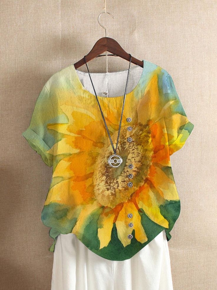 Orange Sunflower Printed Round Neck Blouse with Buttons Crewneck Streetwear, Round Neck Blouse, Print On Fabric, Orange Sunflowers, Fabric Painting On Clothes, Floral Print Pants, Half Sleeve Shirts, Casual Long Sleeve Shirts, Painted Clothes