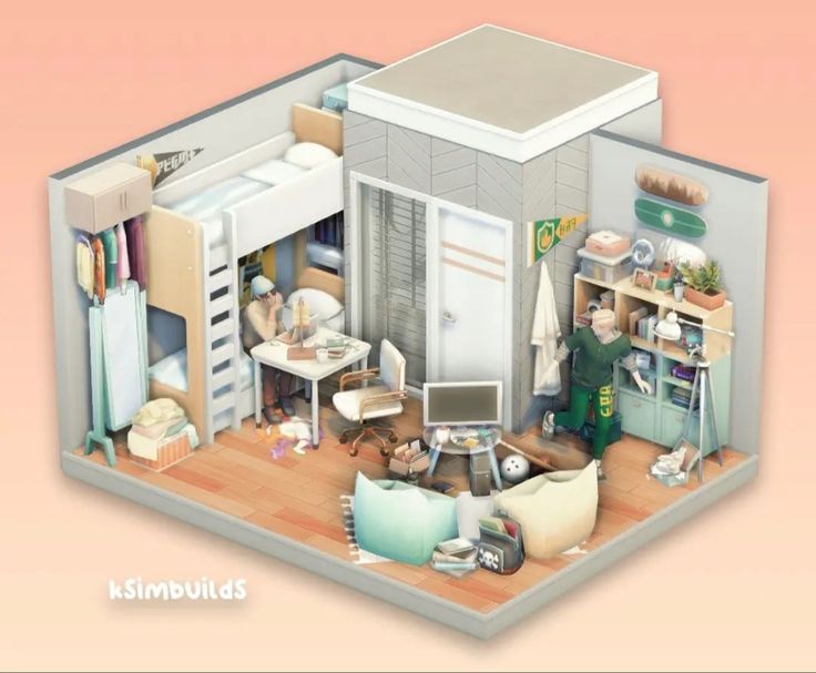 an illustrated model of a small apartment with furniture and appliances in the living room area